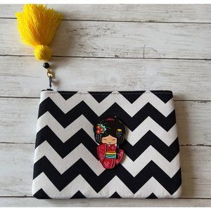 Handmade Clutch Chevron Pattern Black White Polymer Clay Japanese Girl Fringe
